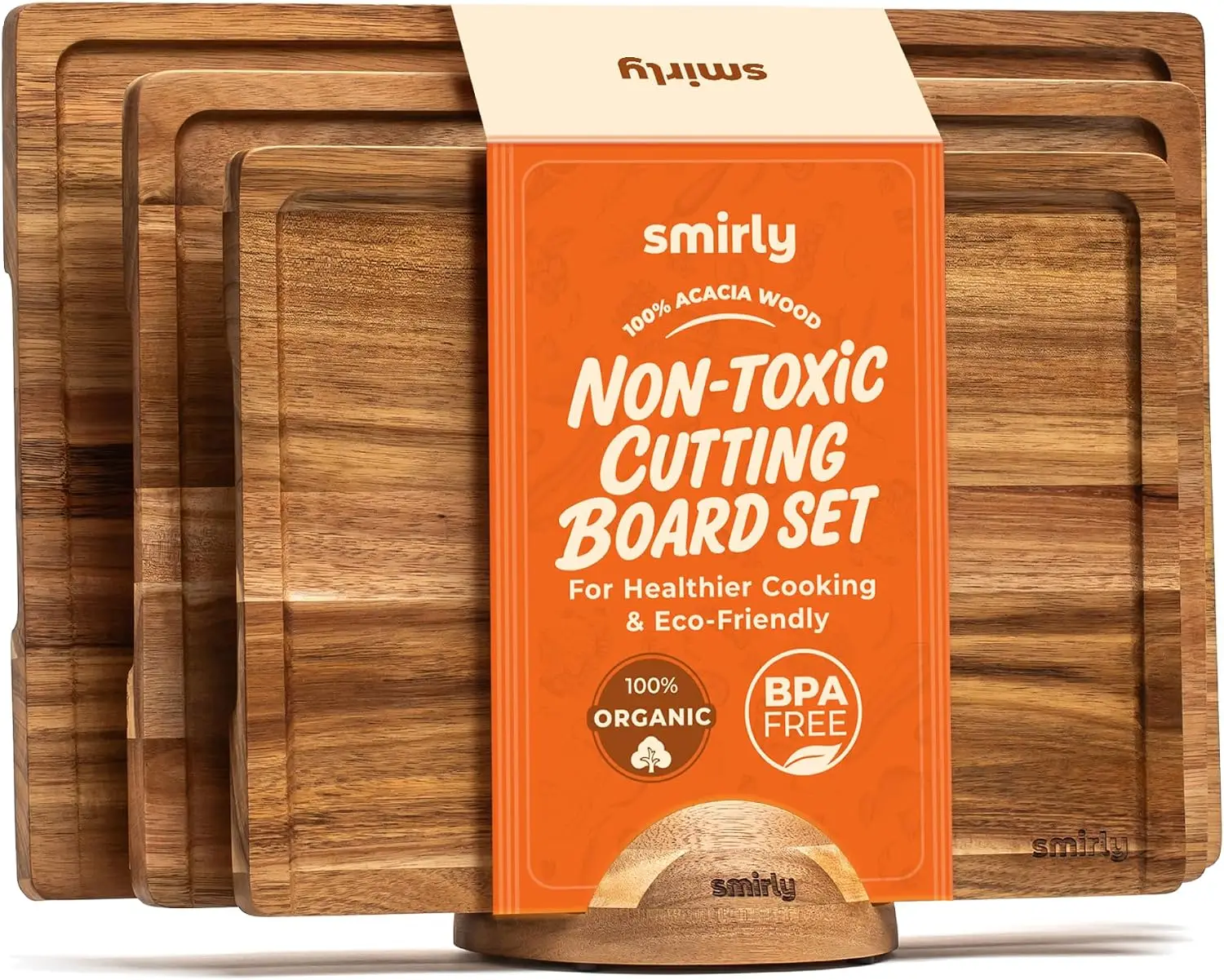 Acacia Wood Cutting Board Set of 3 with Holder - Durable, Non-Slip, Easy Clean, Perfect for Kitchen Prep & Serving
Acacia Wood Cutting Board Set of 3 with Holder - Durable, Non-Slip, Easy Clean, Perfect for Kitchen Prep & Serving