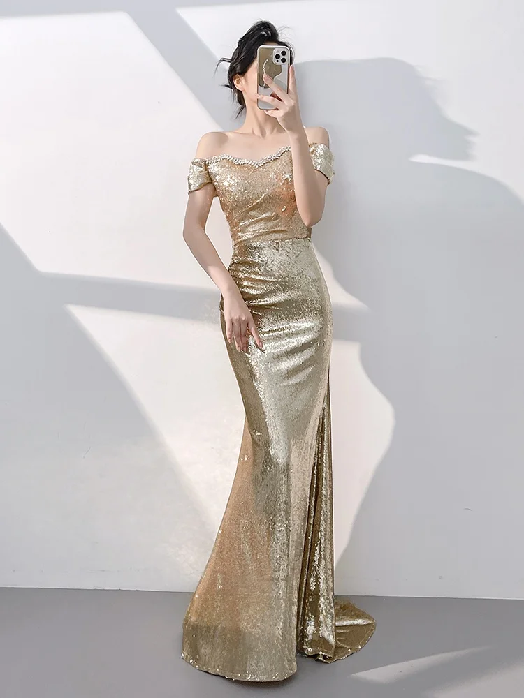 Golden Evening Gown Women's High-End Sensation Par Ele One-oulder Host Fi-Tail Sequin Train Dr Year Meeting
Golden Evening Gown Women's High-End Sensation Par Ele One-oulder Host Fi-Tail Sequin Train Dr Year Meeting