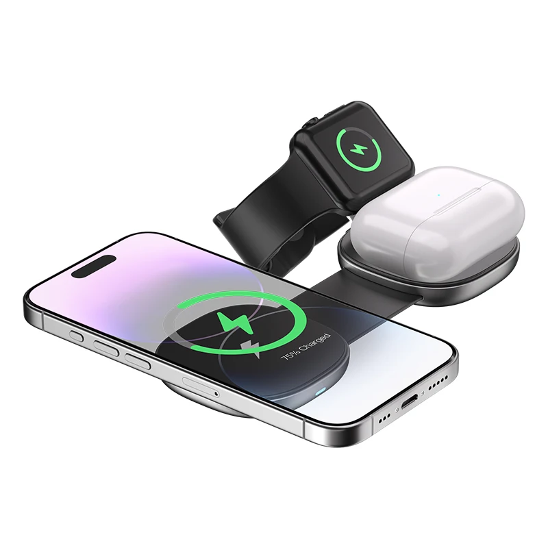 Foldable Magnetic 3-in-1 Wireless Charger, 15W Fast Charging Station for Smartphone Smartwatch Earbuds
Foldable Magnetic 3-in-1 Wireless Charger, 15W Fast Charging Station for Smartphone Smartwatch Earbuds