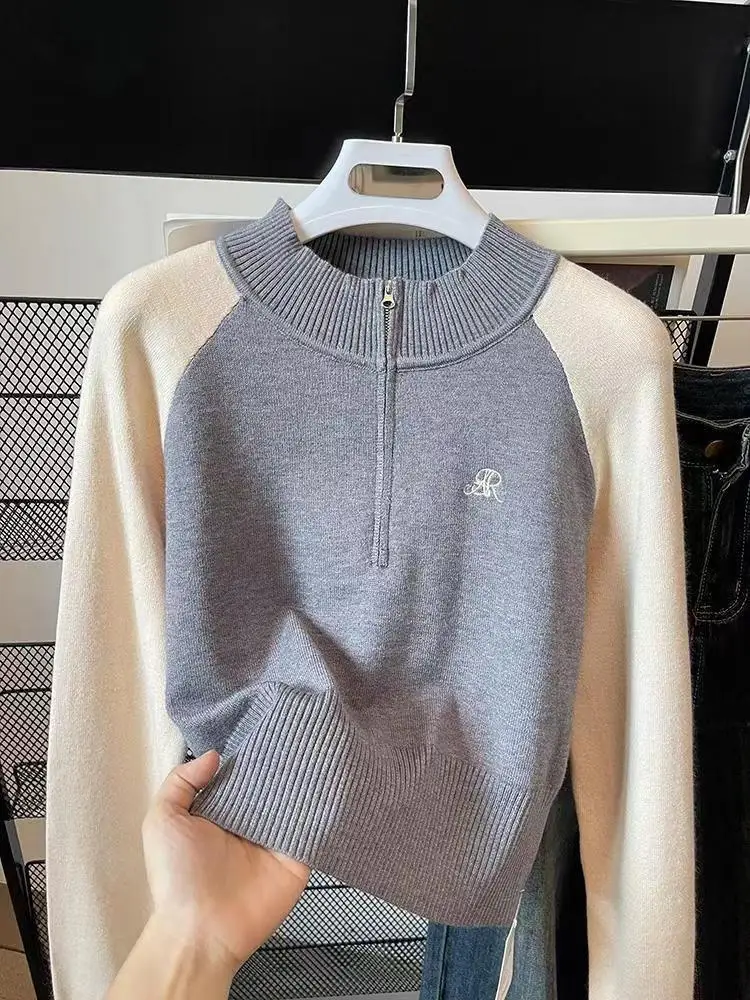 Female Loose Simple Casual Fashion Zipper Knitting Sweater College Style Contrasting Color Versatile Knitted Pullover
Female Loose Simple Casual Fashion Zipper Knitting Sweater College Style Contrasting Color Versatile Knitted Pullover