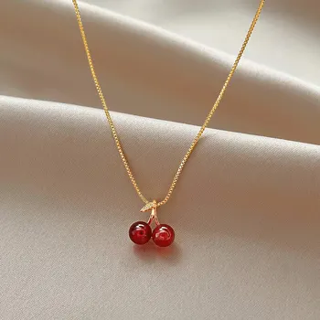 작은 버건디 체리 펜던트 목걸이, 개성 있는 과일, 황금 체인 목걸이, 파티 쥬얼리, 생일 선물, 패션