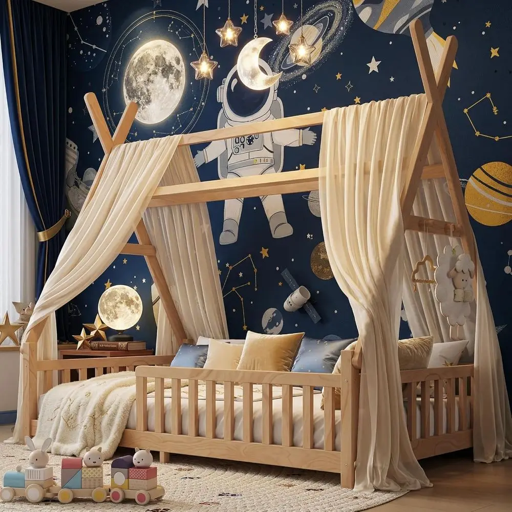 Children's LED-lit Teepee Floor Bed with Guardrails and Wooden Slat Support
Children's LED-lit Teepee Floor Bed with Guardrails and Wooden Slat Support