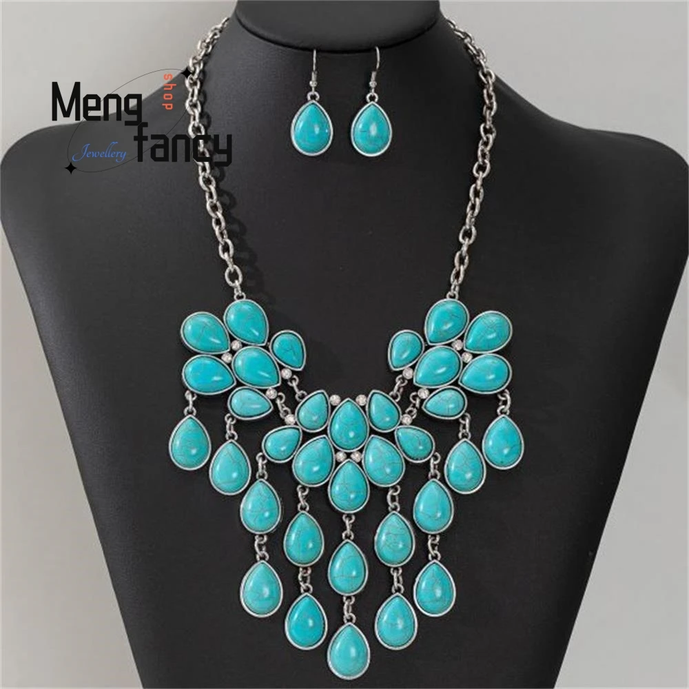 Natural Retro Fashion Turquoise Earring Necklace Ethnographic Style Exquisite Elegant Best Selling Handicraft Charm Fine Jewelry
Natural Retro Fashion Turquoise Earring Necklace Ethnographic Style Exquisite Elegant Best Selling Handicraft Charm Fine Jewelry
