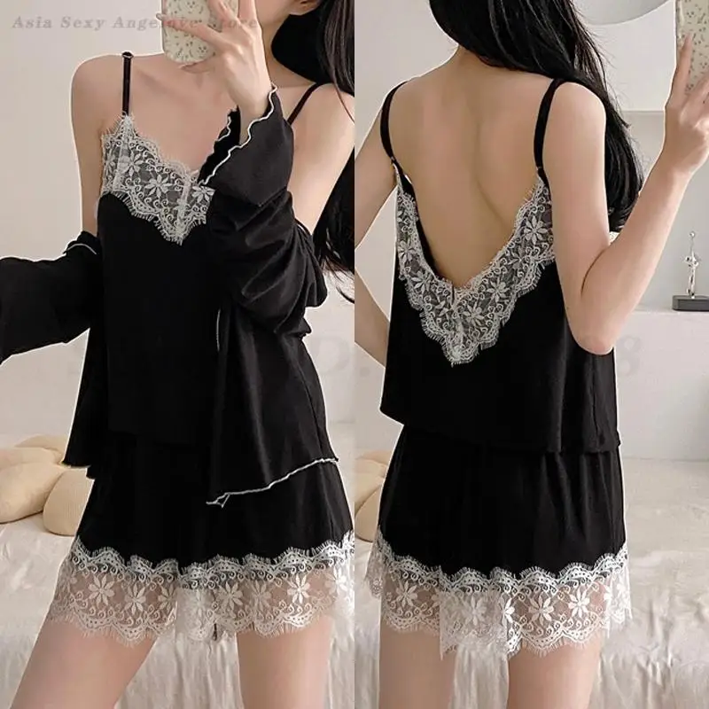 Women Modal 3PCS Pajamas Set Sexy Lace Trim Long Sleeve Cardigan Cami Shorts Sleepwear Home Clothes Summer New Loose Loungewear
Women Modal 3PCS Pajamas Set Sexy Lace Trim Long Sleeve Cardigan Cami Shorts Sleepwear Home Clothes Summer New Loose Loungewear