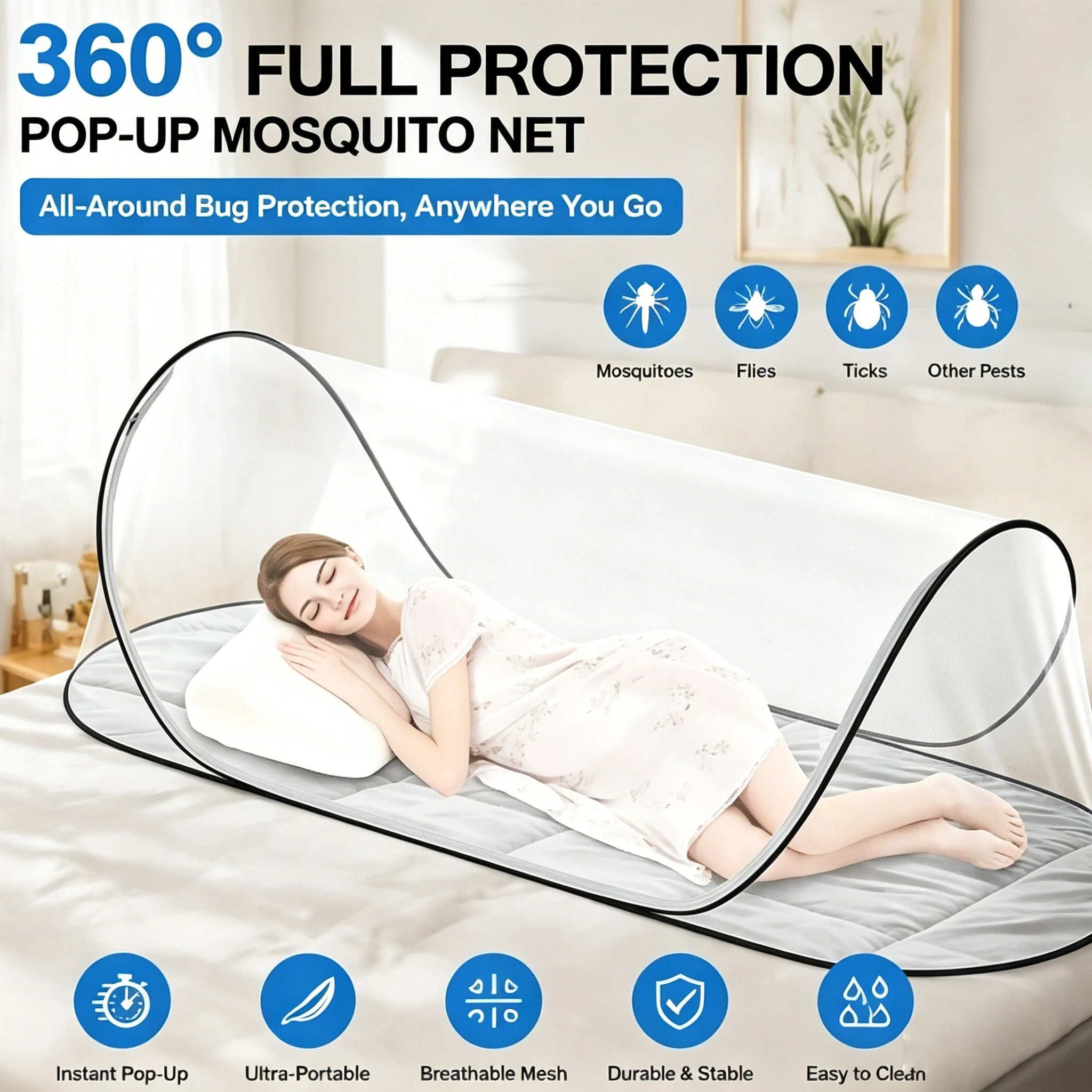360° Full Protection Pop-Up Portable Mosquito Net Tent Instant Foldable Bed Canopy for Indoor Outdoor Use for Bed Camping Travel
360° Full Protection Pop-Up Portable Mosquito Net Tent Instant Foldable Bed Canopy for Indoor Outdoor Use for Bed Camping Travel