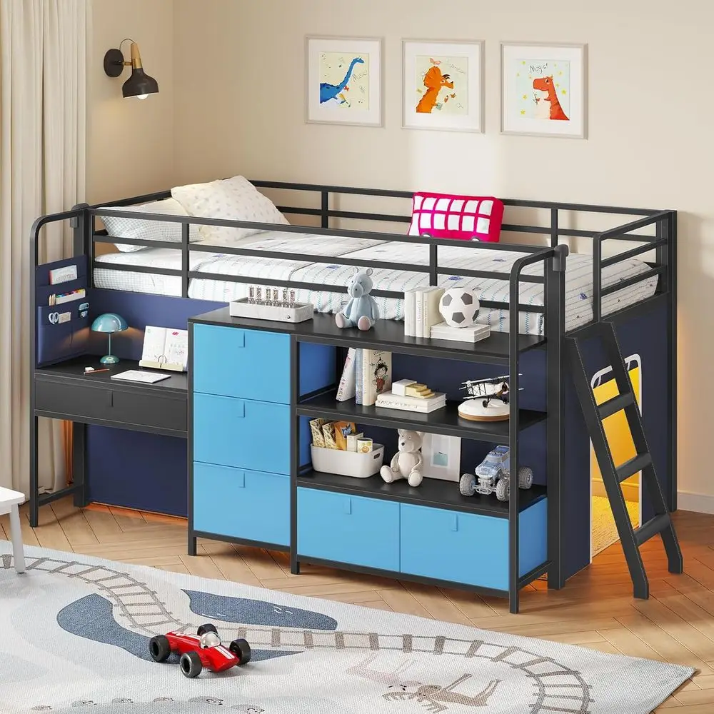 Twin Size Loft Bed with Desk, Storage Drawers, Bookshelf, LED Lights, Play Space, Metal Frame, Safety Rail & Ladder, Blue and Bl
Twin Size Loft Bed with Desk, Storage Drawers, Bookshelf, LED Lights, Play Space, Metal Frame, Safety Rail & Ladder, Blue and Bl