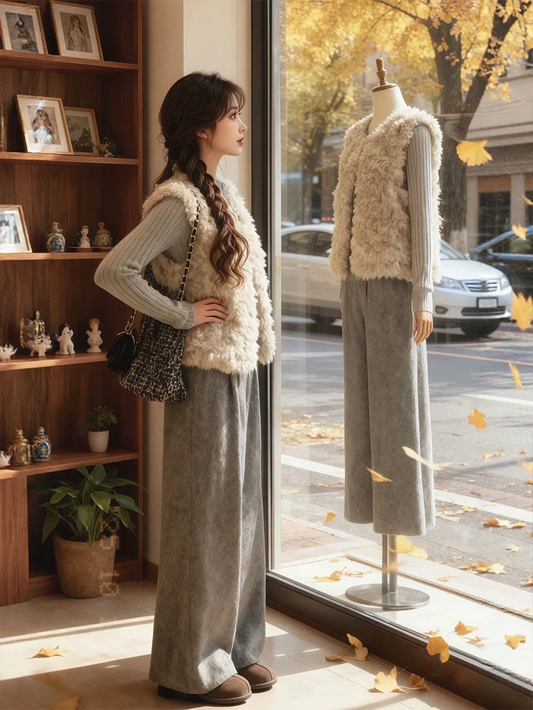 Winter Fashion plus Size Korean Style Knitted Base Shirt Three Piece Set with Furry Vest And Wide Leg Pants Layering
Winter Fashion plus Size Korean Style Knitted Base Shirt Three Piece Set with Furry Vest And Wide Leg Pants Layering
