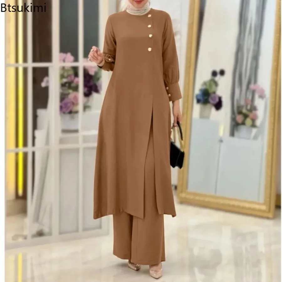 2025 Women's Muslim Fashion 2PCS Sets Solid Side Slit Long Shirt +Wide Leg Pants 2ps Islamic Clothing Dubai Saudi Turkish Robe
2025 Women's Muslim Fashion 2PCS Sets Solid Side Slit Long Shirt +Wide Leg Pants 2ps Islamic Clothing Dubai Saudi Turkish Robe