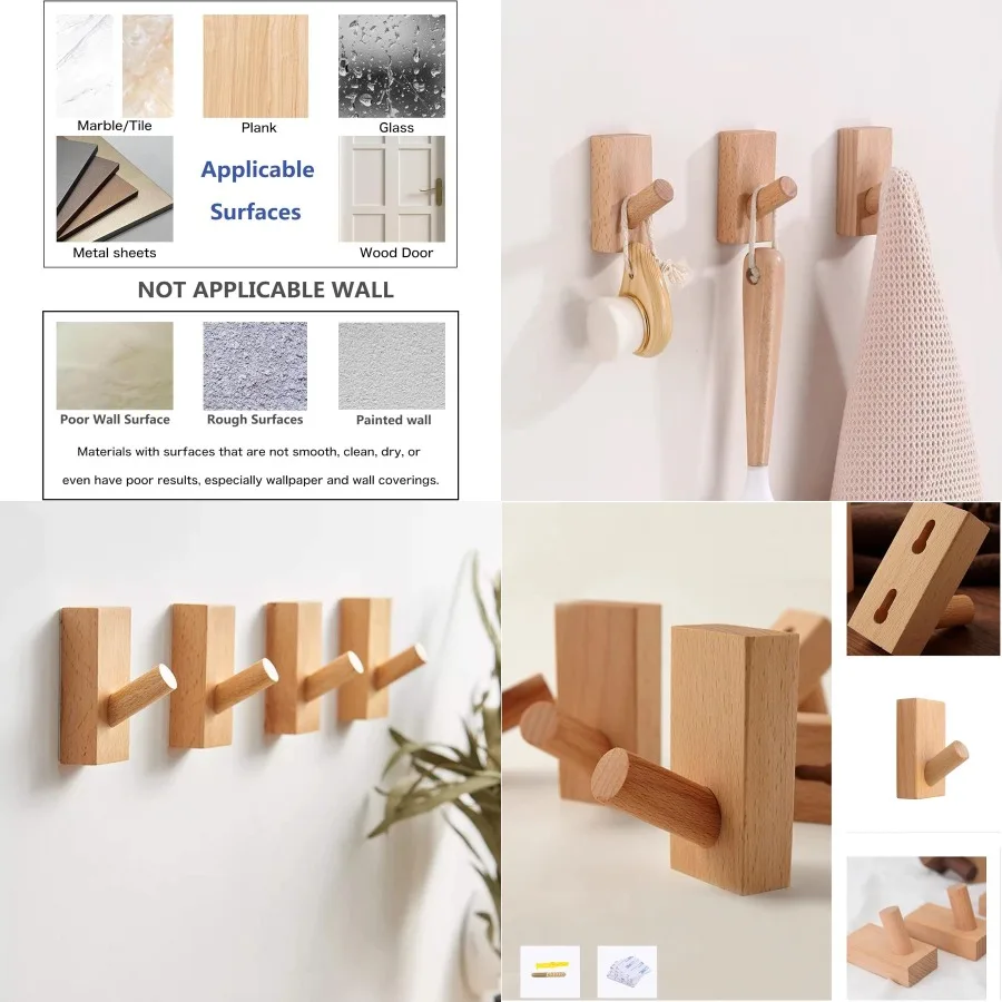 4 упаковки клейких настенных крючков, вешалка для шляп, деревянные крючки для одежды, настенные крючки для прихожей, спальни или ванной комнаты, декоративные и прочные, Re 
4 упаковки клейких настенных крючков, вешалка для шляп, деревянные крючки для одежды, настенные крючки для прихожей, спальни или ванной комнаты, декоративные и прочные, Re