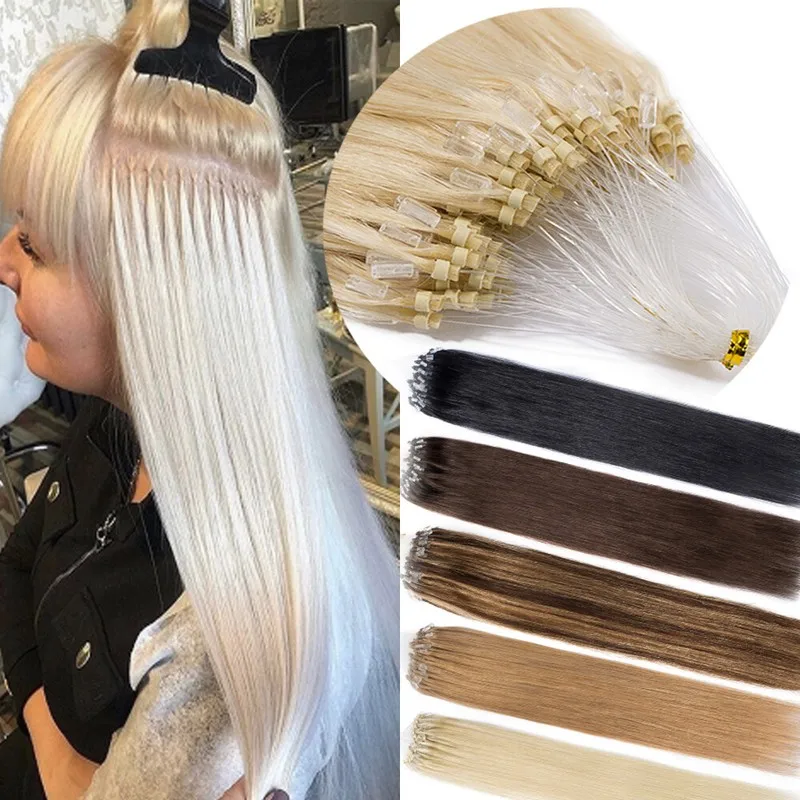 100% Human Hair Micro Loop Extensions With Rings Straight Weft Pre-looped Tips For Quick Damage Free Installation