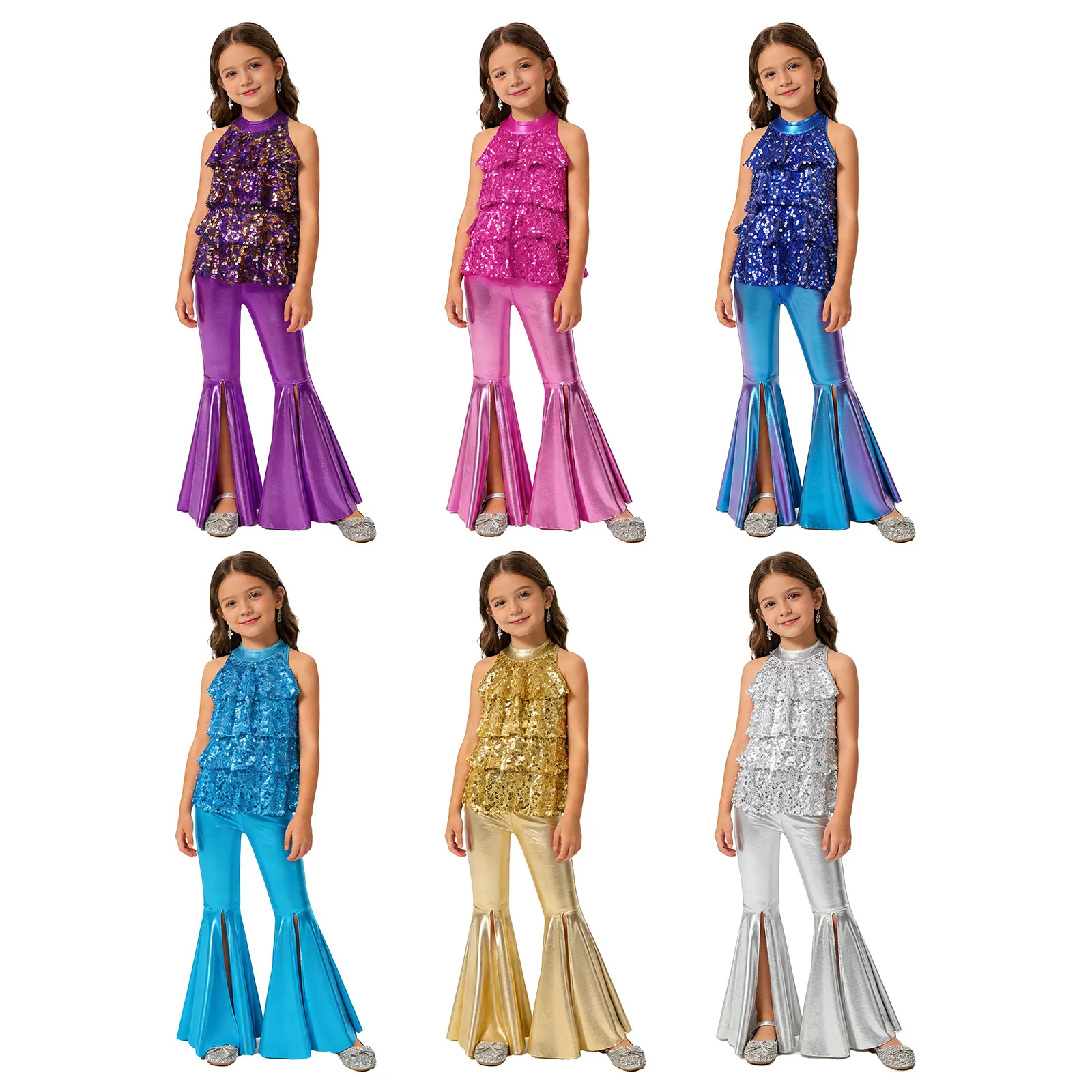 Teen Girls Disco Jazz Dance Outfit Halter Backless Shiny Sequin Bodysuit Dress with Metallic Flared Pants for Halloween Carnival
Teen Girls Disco Jazz Dance Outfit Halter Backless Shiny Sequin Bodysuit Dress with Metallic Flared Pants for Halloween Carnival