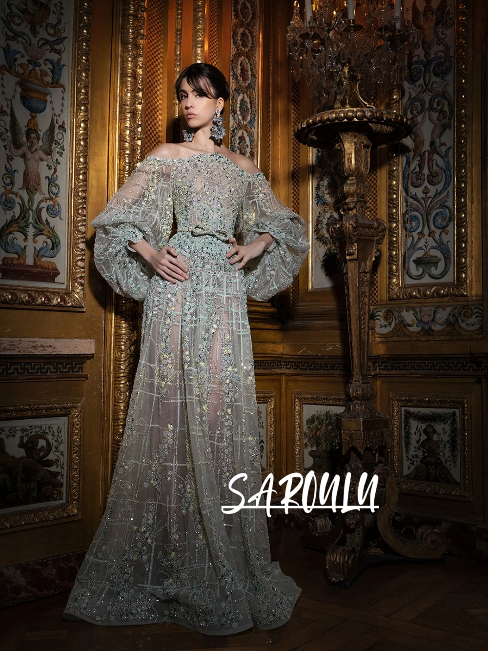 Dreamy Mint Green Sheer Tulle Evening Dress Off-the-Shoulder Puff Long Sleeves Handmade Beaded A Line Train Fairy Formal Gown
Dreamy Mint Green Sheer Tulle Evening Dress Off-the-Shoulder Puff Long Sleeves Handmade Beaded A Line Train Fairy Formal Gown