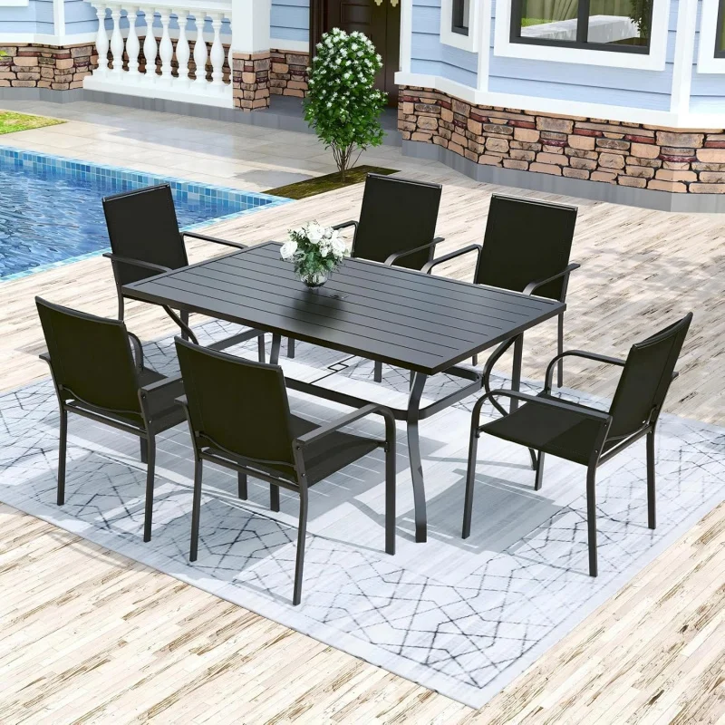 -Piece Outdoor Dining Set, 6 Stackable Patio Chairs & 60 Rectangular Table, All-Weather Frame, Black
-Piece Outdoor Dining Set, 6 Stackable Patio Chairs & 60 Rectangular Table, All-Weather Frame, Black