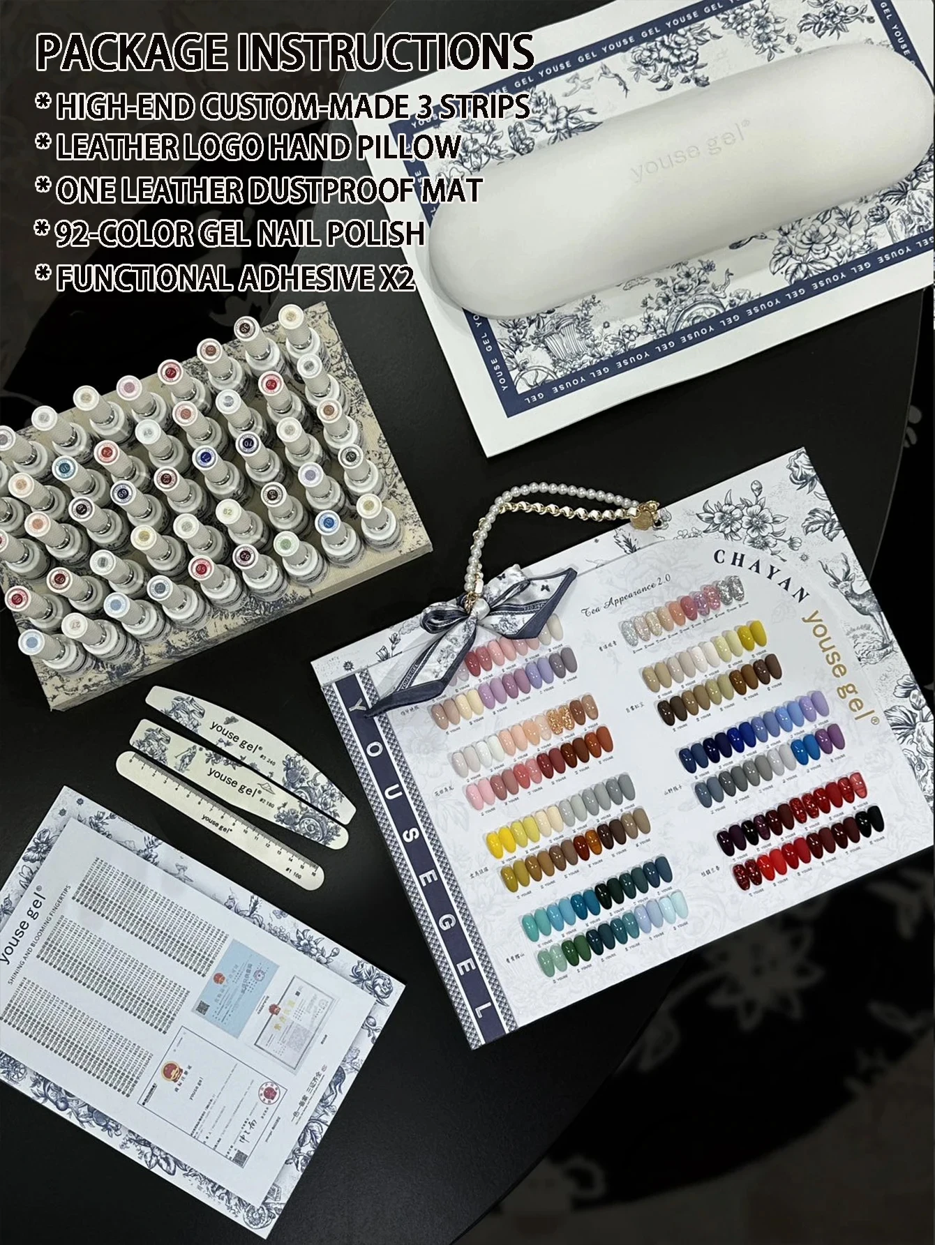 Nail polish gel set with UV gel polish, 92 PCS nail polish, 1 nail armrest, 3 nail filing files, 1 nail color swatch, base coat
Nail polish gel set with UV gel polish, 92 PCS nail polish, 1 nail armrest, 3 nail filing files, 1 nail color swatch, base coat