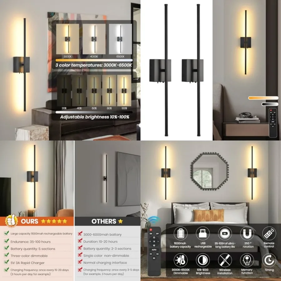 Battery Operated Wall Sconces with Remote Control, 11000mAh LED Wireless Rechargeable Wall Lights, 350°Rotate Dimmable Wall Lam
Battery Operated Wall Sconces with Remote Control, 11000mAh LED Wireless Rechargeable Wall Lights, 350°Rotate Dimmable Wall Lam