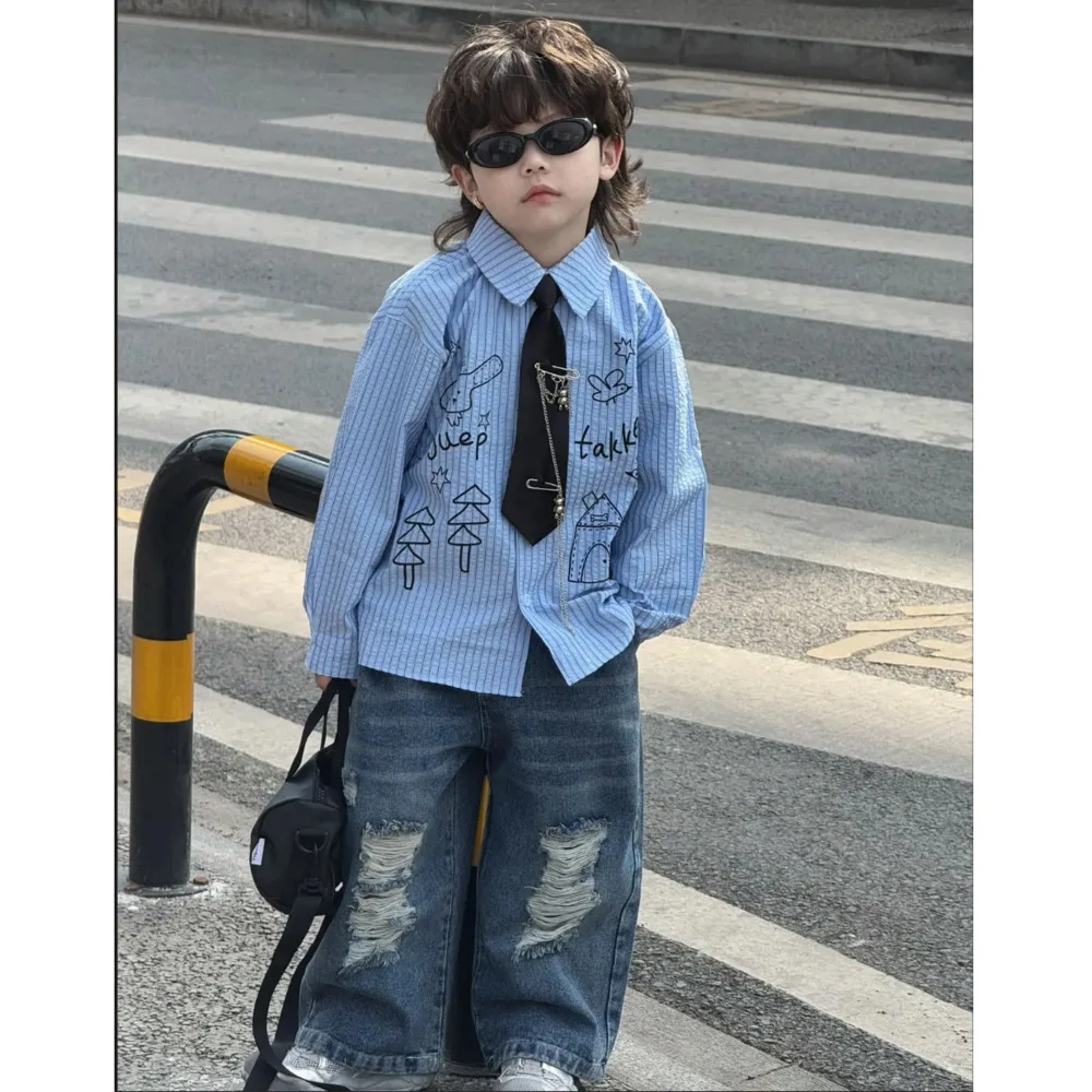 Children's Button Shirt Hole Jeans Two-piece Suits With Tie 2025 Spring Autumn New Korean Version Boys' Striped Shirt Loose Sets
Children's Button Shirt Hole Jeans Two-piece Suits With Tie 2025 Spring Autumn New Korean Version Boys' Striped Shirt Loose Sets