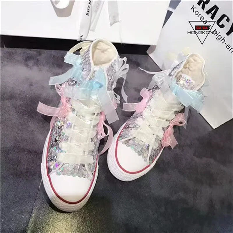 New glitzy sequin ribbon tie flat high top casual shoes for women
New glitzy sequin ribbon tie flat high top casual shoes for women