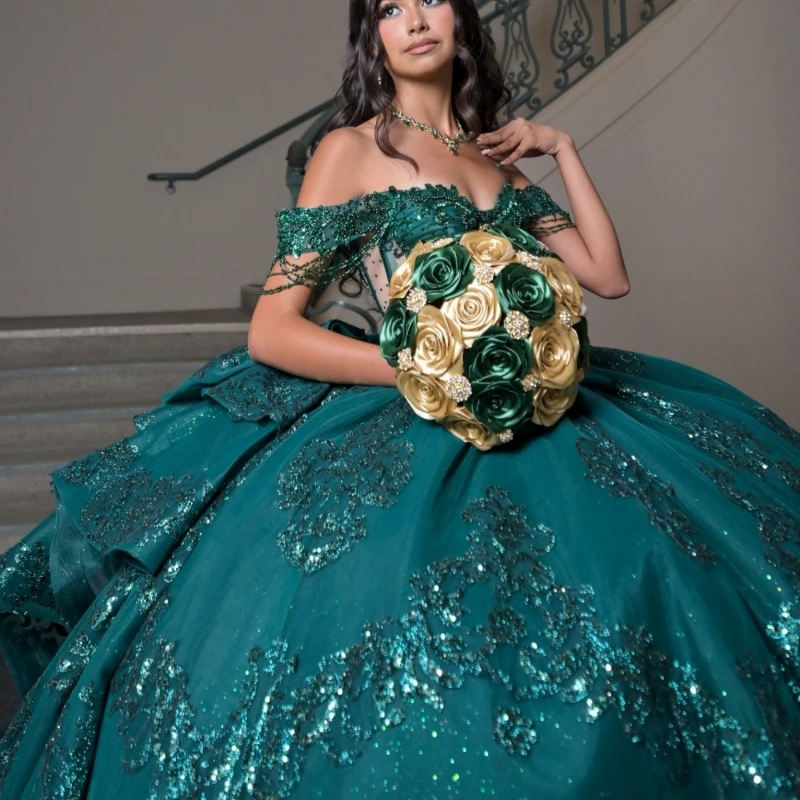 Dark Green Shiny Ball Gown Quinceanera Dresses Sequin Applique Lace Beading Crystal Bow Tiered Tull Corset Off The Shoulder Swee
Dark Green Shiny Ball Gown Quinceanera Dresses Sequin Applique Lace Beading Crystal Bow Tiered Tull Corset Off The Shoulder Swee