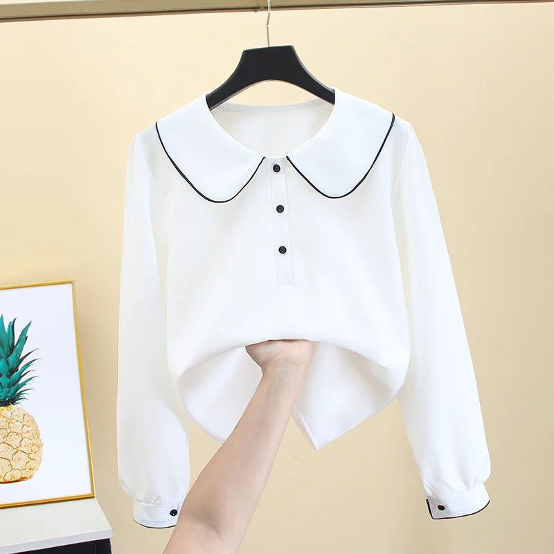 French Peter Pan Collar White Shirt Women Spring Autumn Loose Chic Color Blocked Top Long Sleeved Basic Simple Chiffon Blouse
French Peter Pan Collar White Shirt Women Spring Autumn Loose Chic Color Blocked Top Long Sleeved Basic Simple Chiffon Blouse