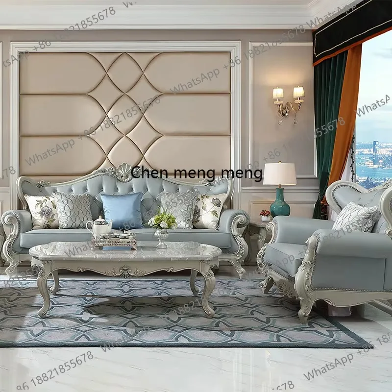 E182 French simple court furniture European solid wood carving flower first layer cowhide leather sofa coffee table combination
E182 French simple court furniture European solid wood carving flower first layer cowhide leather sofa coffee table combination
