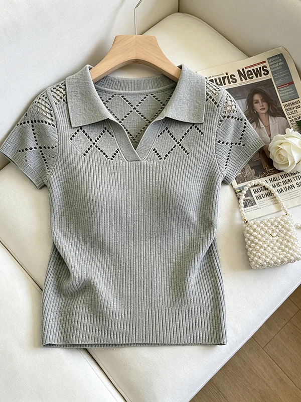 Loose Knitted Ice Silk Neck Short Sleeve T-Shirt Women's Summer New Style Hollow out Grey Slimming Knitwear Top
Loose Knitted Ice Silk Neck Short Sleeve T-Shirt Women's Summer New Style Hollow out Grey Slimming Knitwear Top