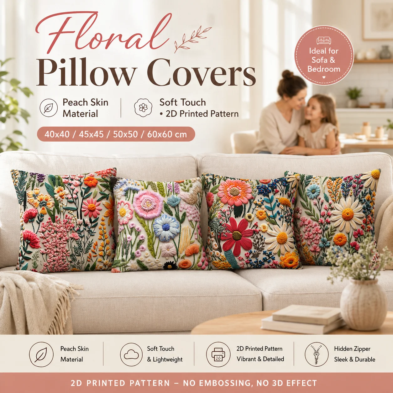 2D Flat Printed Faux Embroidery Floral Peach Skin Pillow Cover Spring Botanic Cushion Cover for Sofa Living Room Decor 45x45
2D Flat Printed Faux Embroidery Floral Peach Skin Pillow Cover Spring Botanic Cushion Cover for Sofa Living Room Decor 45x45