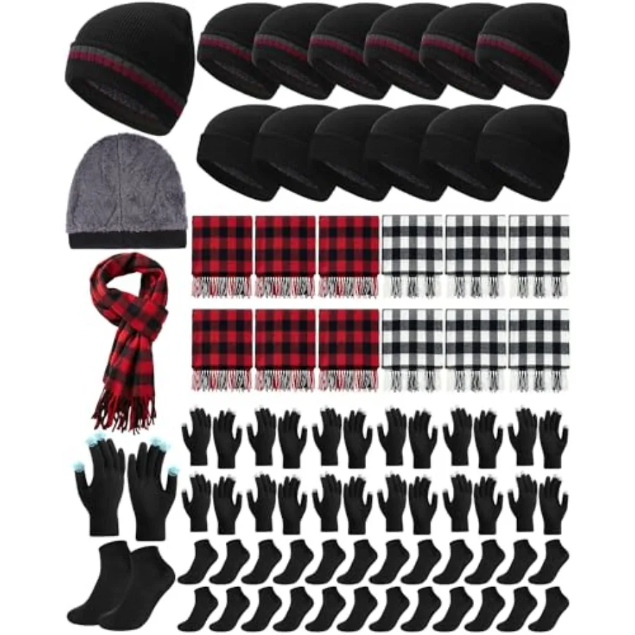 48 Pcs Winter Ski Hat Gloves Scarves Socks Set Unisex Plaid Scarf Fleece Beanies Touchscreen Glove for Homeless Charity
48 Pcs Winter Ski Hat Gloves Scarves Socks Set Unisex Plaid Scarf Fleece Beanies Touchscreen Glove for Homeless Charity