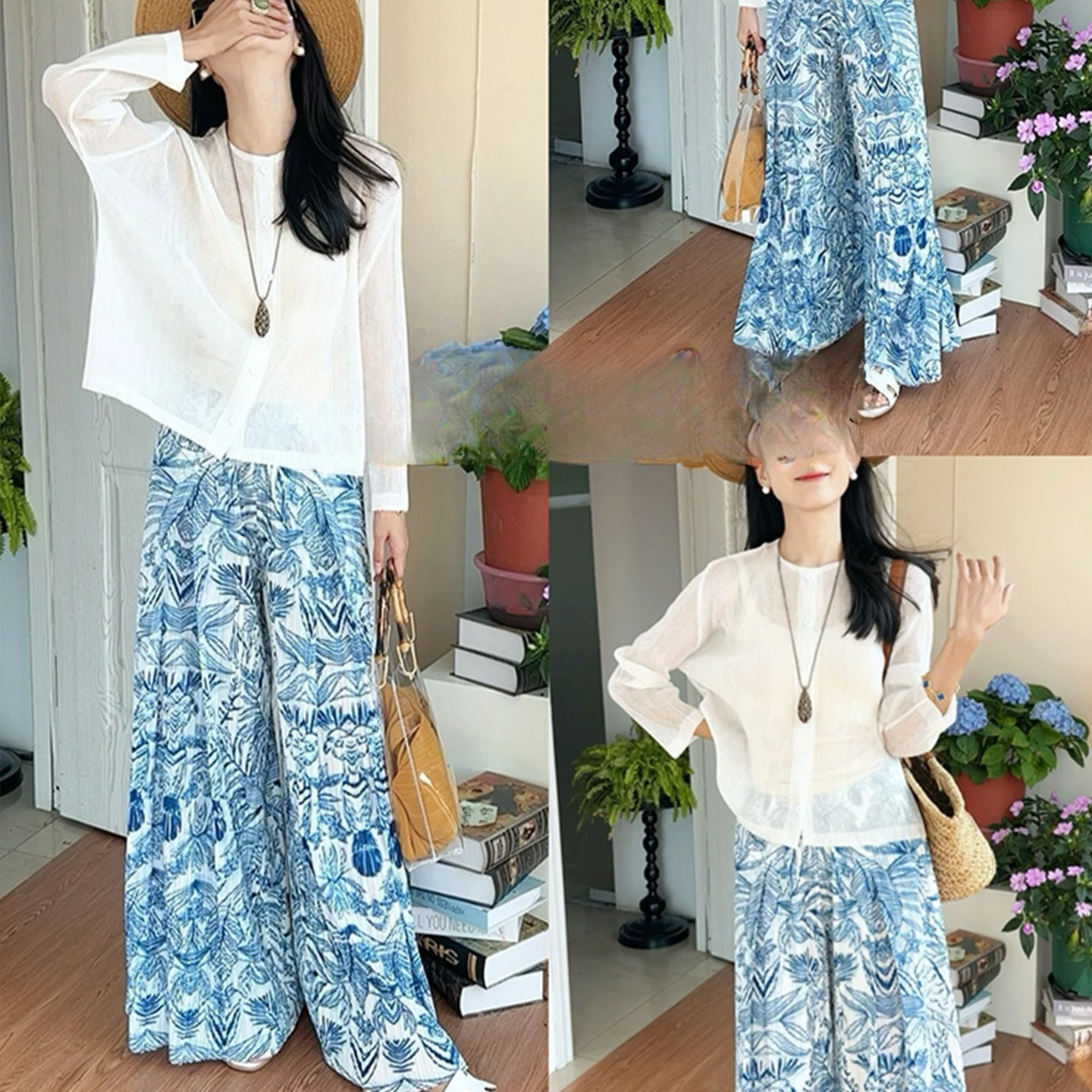 Miyake Pleats 2025 New Summer Celadon Print Wide-leg Trousers Fashion High Sense of Casual See-through Cardigan Women's Tops
Miyake Pleats 2025 New Summer Celadon Print Wide-leg Trousers Fashion High Sense of Casual See-through Cardigan Women's Tops