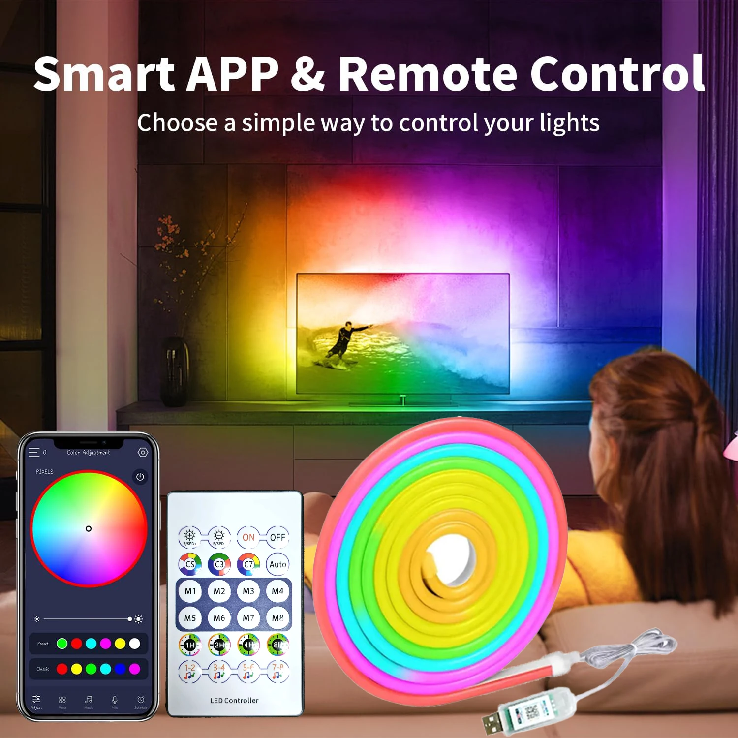 5V RGB neon lamp with 3M 5M USB flexible lamp with Bluetooth remote control for home decoration.
5V RGB neon lamp with 3M 5M USB flexible lamp with Bluetooth remote control for home decoration.