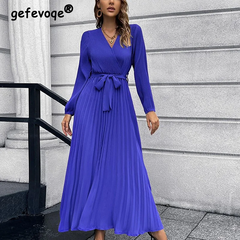 Autumn Winter Solid Color V-neck Pleated Dress Ladies Long Sleeve Elegant Fashion Lace Up Robe Women Casual All-match Vestidos
Autumn Winter Solid Color V-neck Pleated Dress Ladies Long Sleeve Elegant Fashion Lace Up Robe Women Casual All-match Vestidos