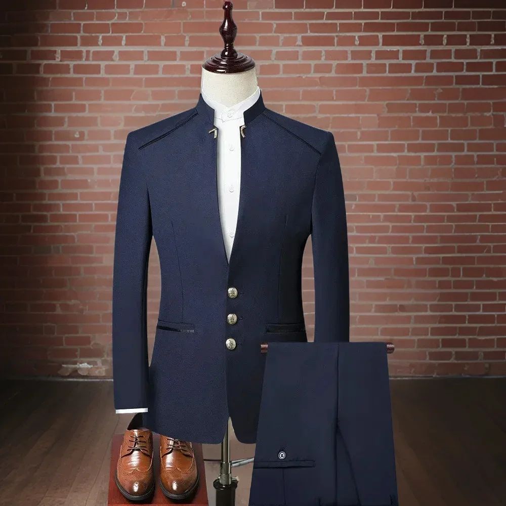 Formal Men Wedding Suits With Stand Collar Slim Fit African Style Groom Tuxedos Navy Blue Prom Best Man Blazer 2 Pieces Set
Formal Men Wedding Suits With Stand Collar Slim Fit African Style Groom Tuxedos Navy Blue Prom Best Man Blazer 2 Pieces Set