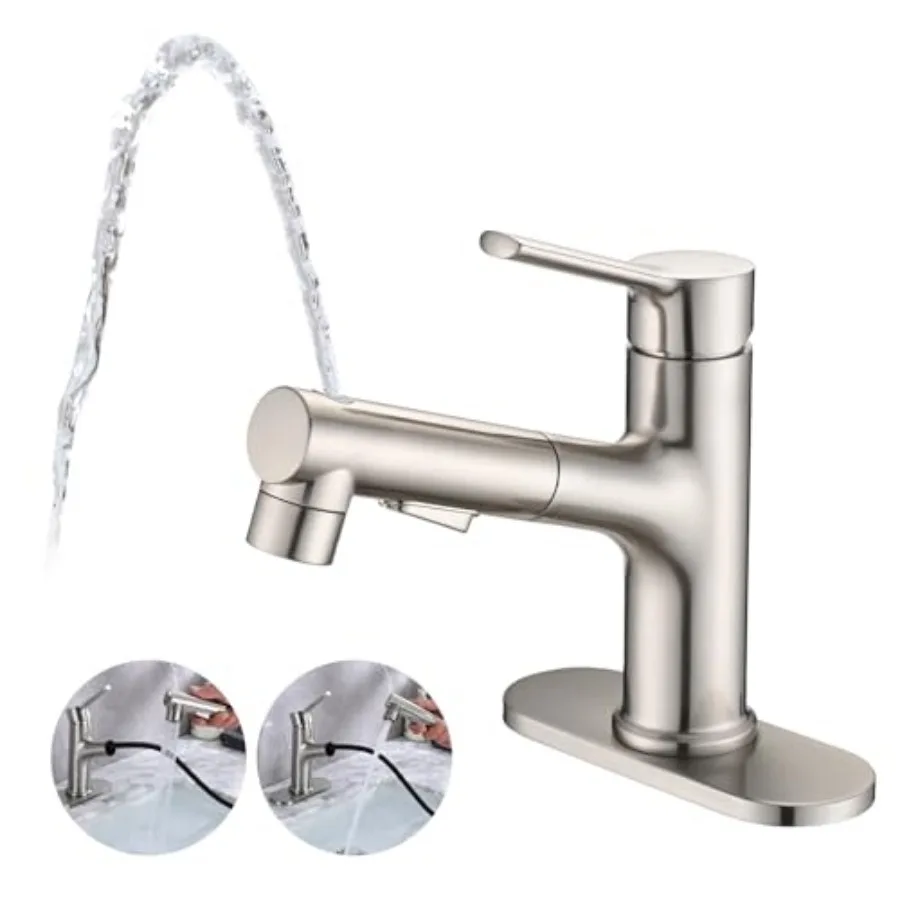 Bathroom Sink Faucet with Pull Out Sprayer, Single Handle Modern Bathroom Basin Faucet with Pop-up Sink Drain Stopper and Deck
Bathroom Sink Faucet with Pull Out Sprayer, Single Handle Modern Bathroom Basin Faucet with Pop-up Sink Drain Stopper and Deck