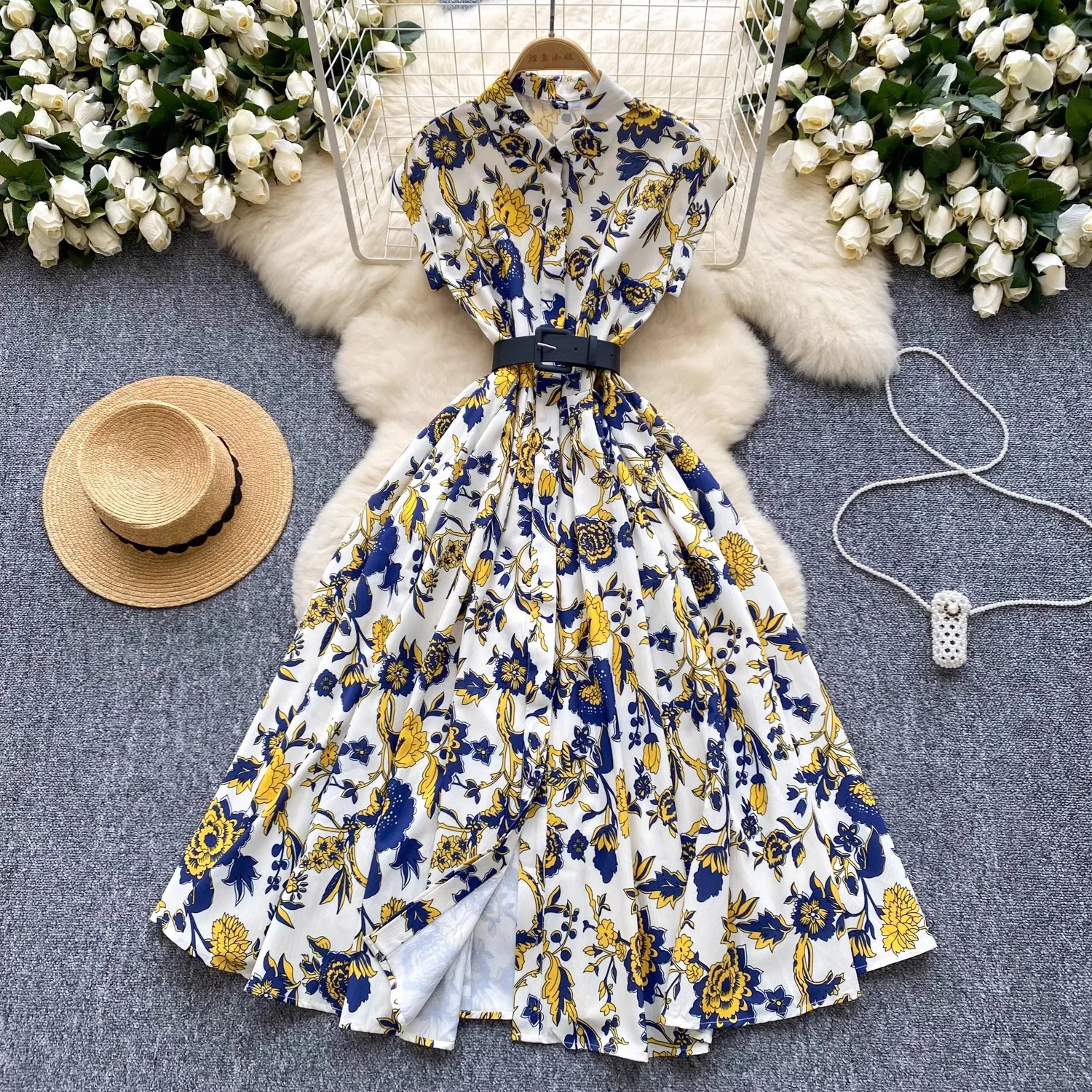 Women's Lapel Collar Vintage Midi Shirt Dress Summer Runway Pleated Short Sleeve Retro Jungle Print Belt Ladies Midi Vestidos
Women's Lapel Collar Vintage Midi Shirt Dress Summer Runway Pleated Short Sleeve Retro Jungle Print Belt Ladies Midi Vestidos