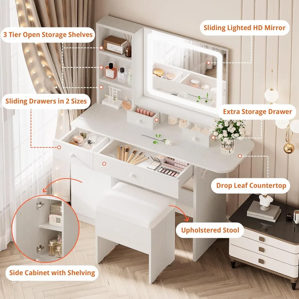 Vanity Desk with Drawers & LED Lighted Mirror & Power Outlet & Cabinet, Storage Stool, Stylish Bedroom Makeup, Customized
Vanity Desk with Drawers & LED Lighted Mirror & Power Outlet & Cabinet, Storage Stool, Stylish Bedroom Makeup, Customized