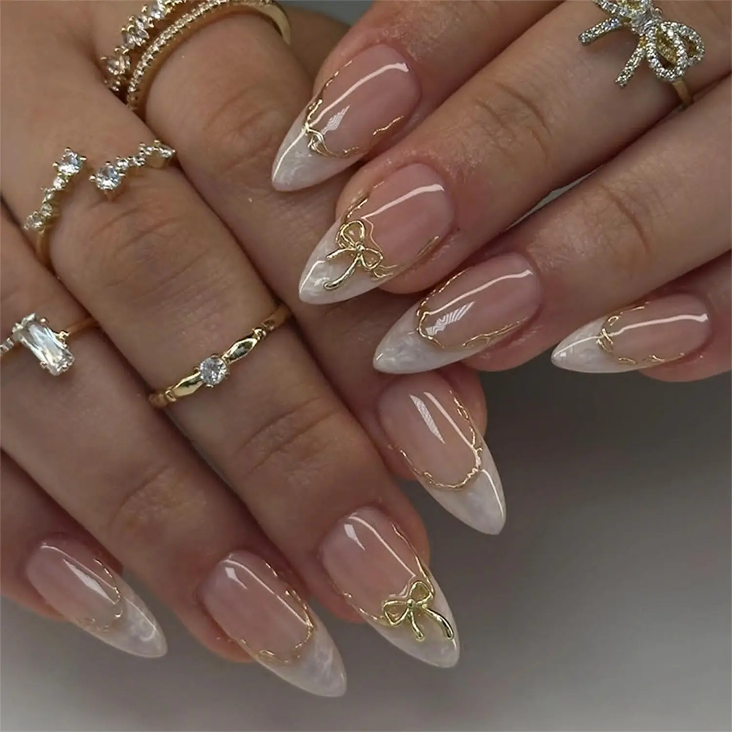 French Tip Press On Nails Almond 3D Bow Gold Line Fake Nails
French Tip Press On Nails Almond 3D Bow Gold Line Fake Nails