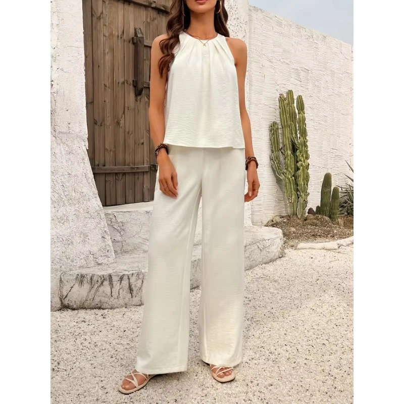 Summer Tops Women T-Shirt Pants Two Piece Suit Casual Fashion Sleeveless Pleated Round Neck Pullover Loose Wide-leg Trousers Set
Summer Tops Women T-Shirt Pants Two Piece Suit Casual Fashion Sleeveless Pleated Round Neck Pullover Loose Wide-leg Trousers Set