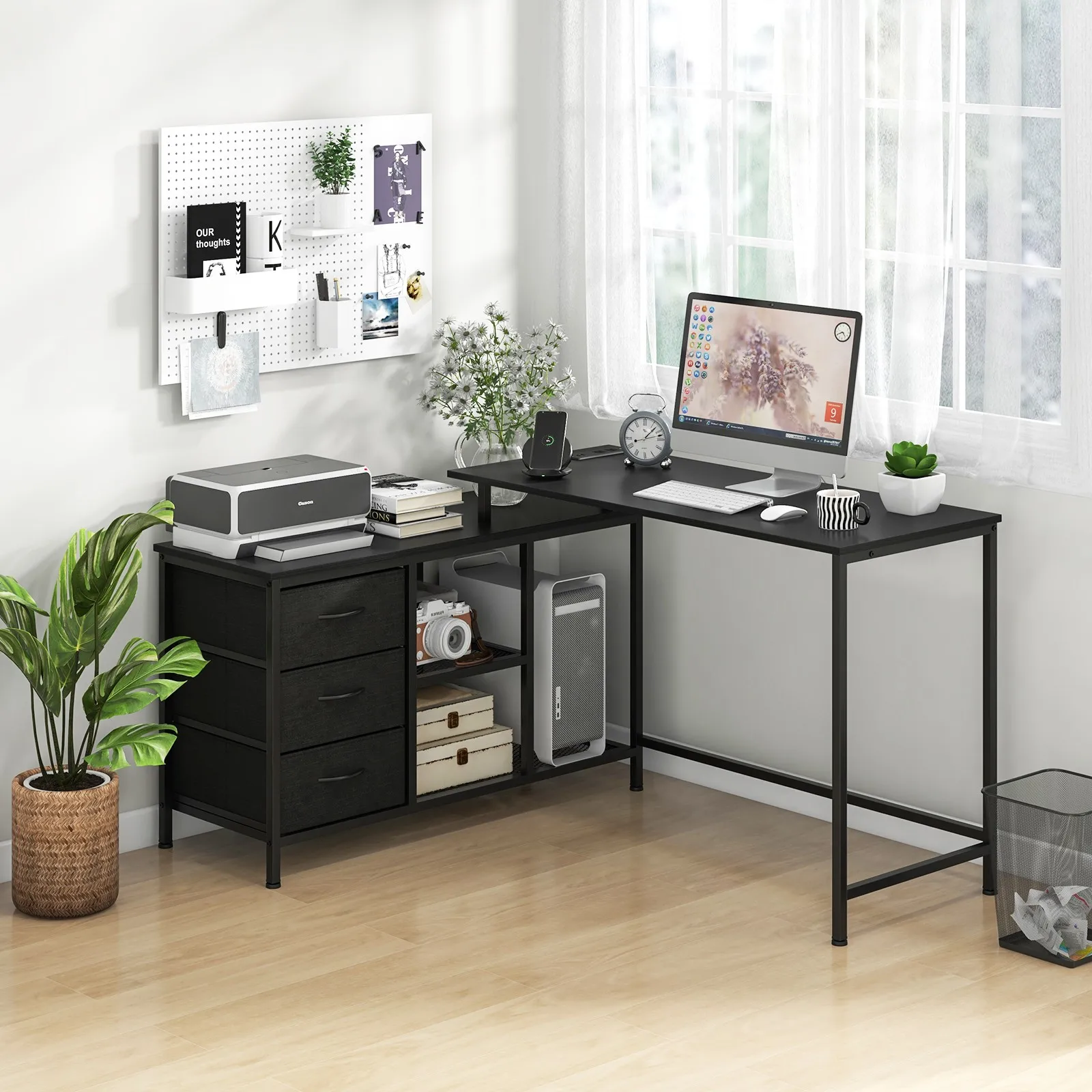 L-shaped Computer Desk w/ Power Outlet, Fabric Drawers, Metal Mesh Shelves Black
L-shaped Computer Desk w/ Power Outlet, Fabric Drawers, Metal Mesh Shelves Black