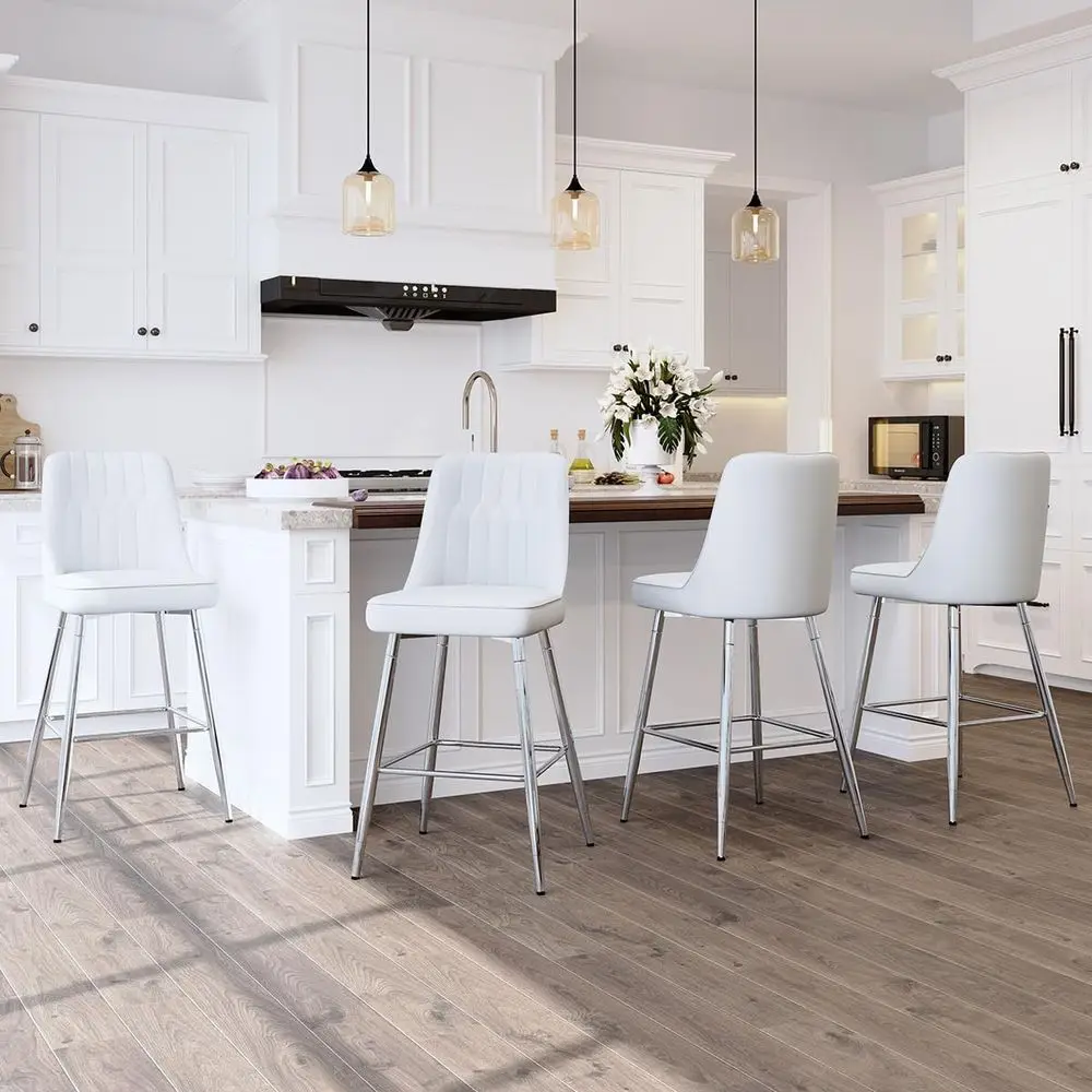 Set of 4 White Upholstered 27 Counter Height Bar Stools with Silver Chrome Footrest for Kitchen Island or Home Pub
Set of 4 White Upholstered 27 Counter Height Bar Stools with Silver Chrome Footrest for Kitchen Island or Home Pub