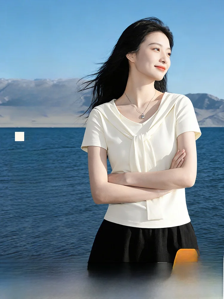 Summer Short Sleeve T-Shirt Women's Navy Collar Knot Top Small Size Korean Style Half Sleeve PC Snow Flying
Summer Short Sleeve T-Shirt Women's Navy Collar Knot Top Small Size Korean Style Half Sleeve PC Snow Flying