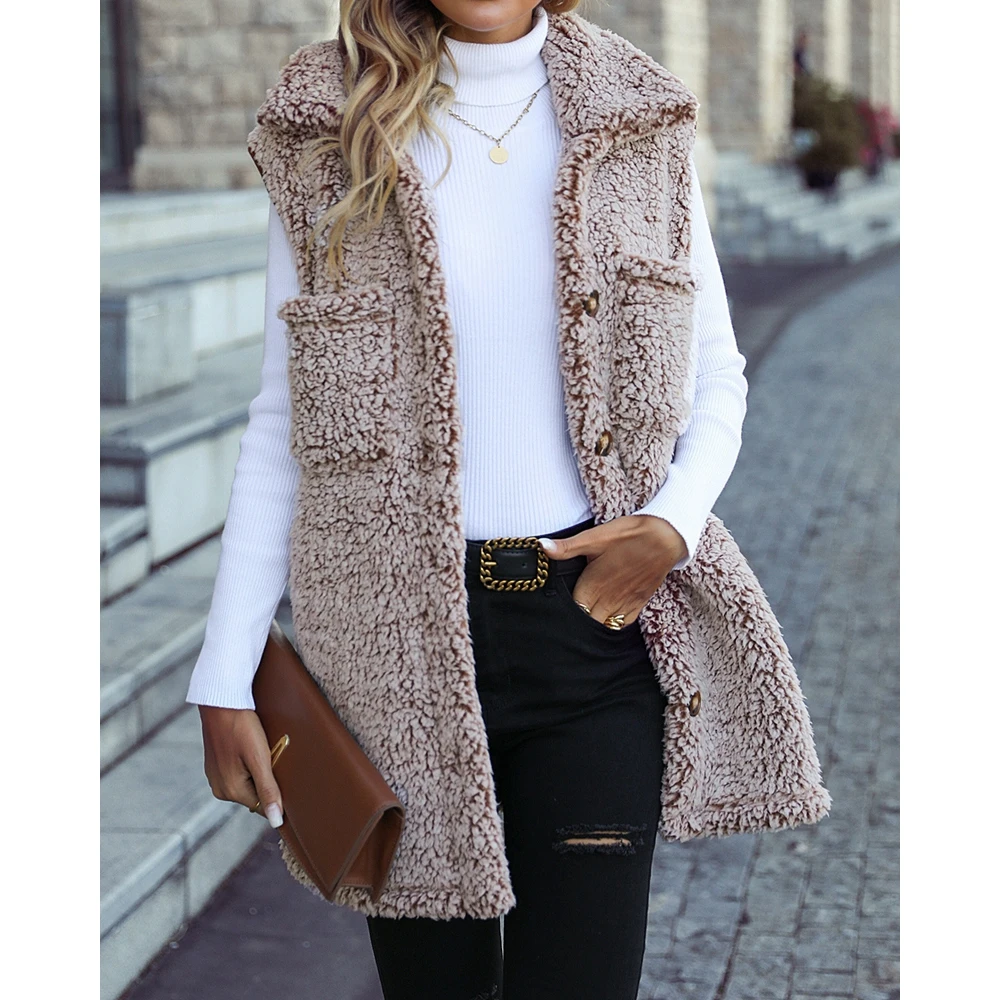 Casual Autumn Winter Women Buttoned Pocket Design Fluffy Coat Femme Turn-down Collar Sleeveless Jackets Elegant Outfits
Casual Autumn Winter Women Buttoned Pocket Design Fluffy Coat Femme Turn-down Collar Sleeveless Jackets Elegant Outfits