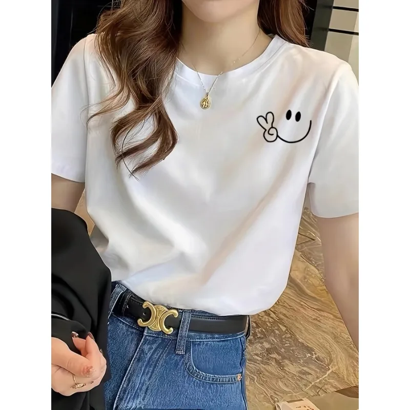 Smiley Face Printed Round Neck Tee Summer Hamska Women's Short Sleeve Summer Casual Fashion Y2K Round Neck Loose Top
Smiley Face Printed Round Neck Tee Summer Hamska Women's Short Sleeve Summer Casual Fashion Y2K Round Neck Loose Top