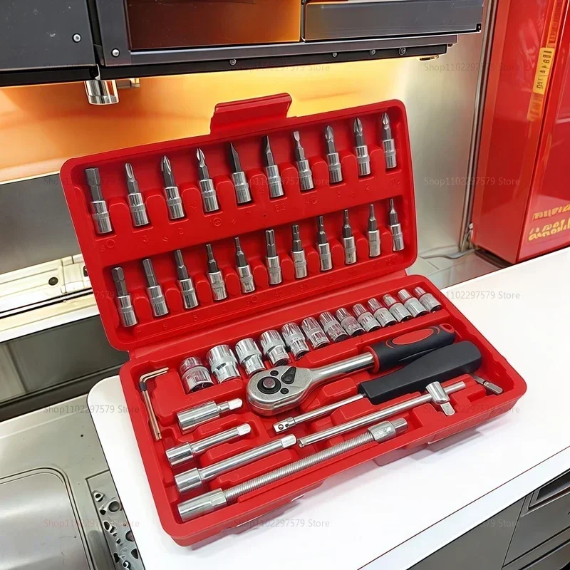 46pcs Car Repair Tool Kit 1/4-Inch Socket Set Car Repair Tool Ratchet Torque Wrench Combo Auto Repairing Set Mechanic Tool
46pcs Car Repair Tool Kit 1/4-Inch Socket Set Car Repair Tool Ratchet Torque Wrench Combo Auto Repairing Set Mechanic Tool
