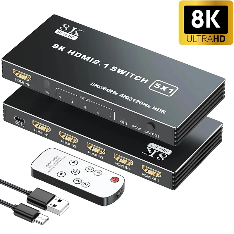 8K@60Hz HDMI 2.1 Switch 5x1 4K@120Hz HDMI Switcher Selector Box 5 in 1 out Support CEC 48gbps HDCP 2.3 HDR for PS5/PS4 Xbox HDTV
8K@60Hz HDMI 2.1 Switch 5x1 4K@120Hz HDMI Switcher Selector Box 5 in 1 out Support CEC 48gbps HDCP 2.3 HDR for PS5/PS4 Xbox HDTV