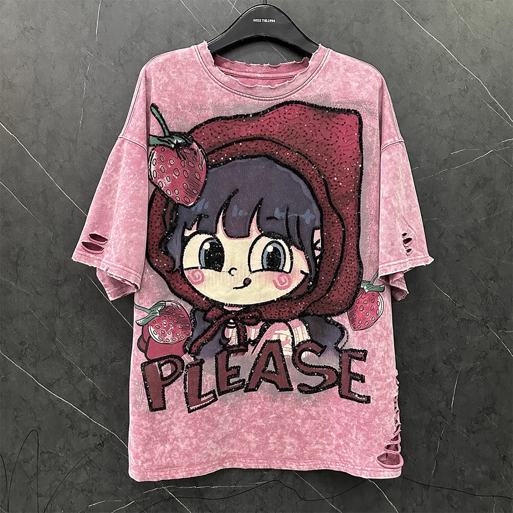 Casual Tee Hollow out Cartoon Strawberry Print Sweet Loose Short Sleeve Women T-Shirt Embroidery Sequined
Casual Tee Hollow out Cartoon Strawberry Print Sweet Loose Short Sleeve Women T-Shirt Embroidery Sequined