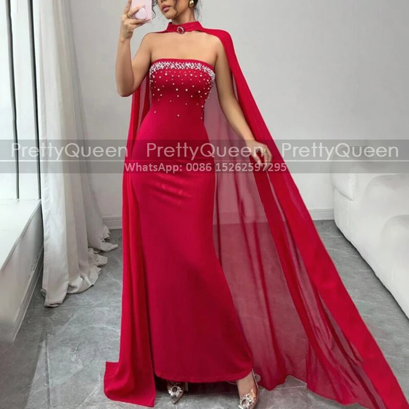 Beaded Strapless Prom Dresses Mermaid Long Cloak Customized Red Chiffon Sheath Masquerade Dress Party Ankle Length
Beaded Strapless Prom Dresses Mermaid Long Cloak Customized Red Chiffon Sheath Masquerade Dress Party Ankle Length