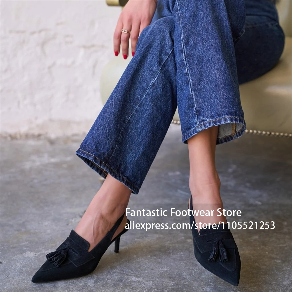 Suede Slingback Loafer Pumps Tassel Pointed Toe stilettos Fringe Back strap high heel shoes Handmade faux suede shoes for women
Suede Slingback Loafer Pumps Tassel Pointed Toe stilettos Fringe Back strap high heel shoes Handmade faux suede shoes for women
