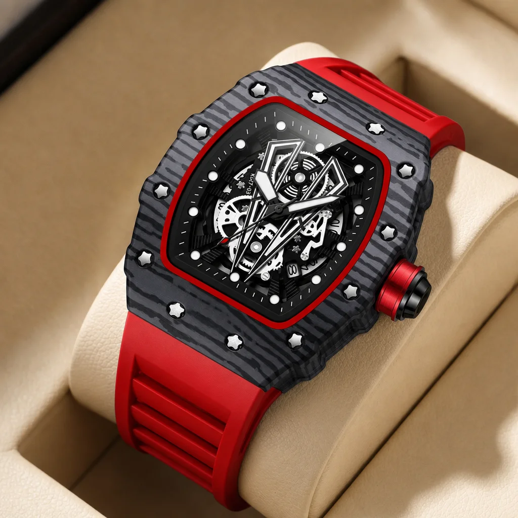 1pcs Men's black dial silicone strap vintage fashion tonneau case skeleton sporty details Quartz Watch for daily business party
1pcs Men's black dial silicone strap vintage fashion tonneau case skeleton sporty details Quartz Watch for daily business party