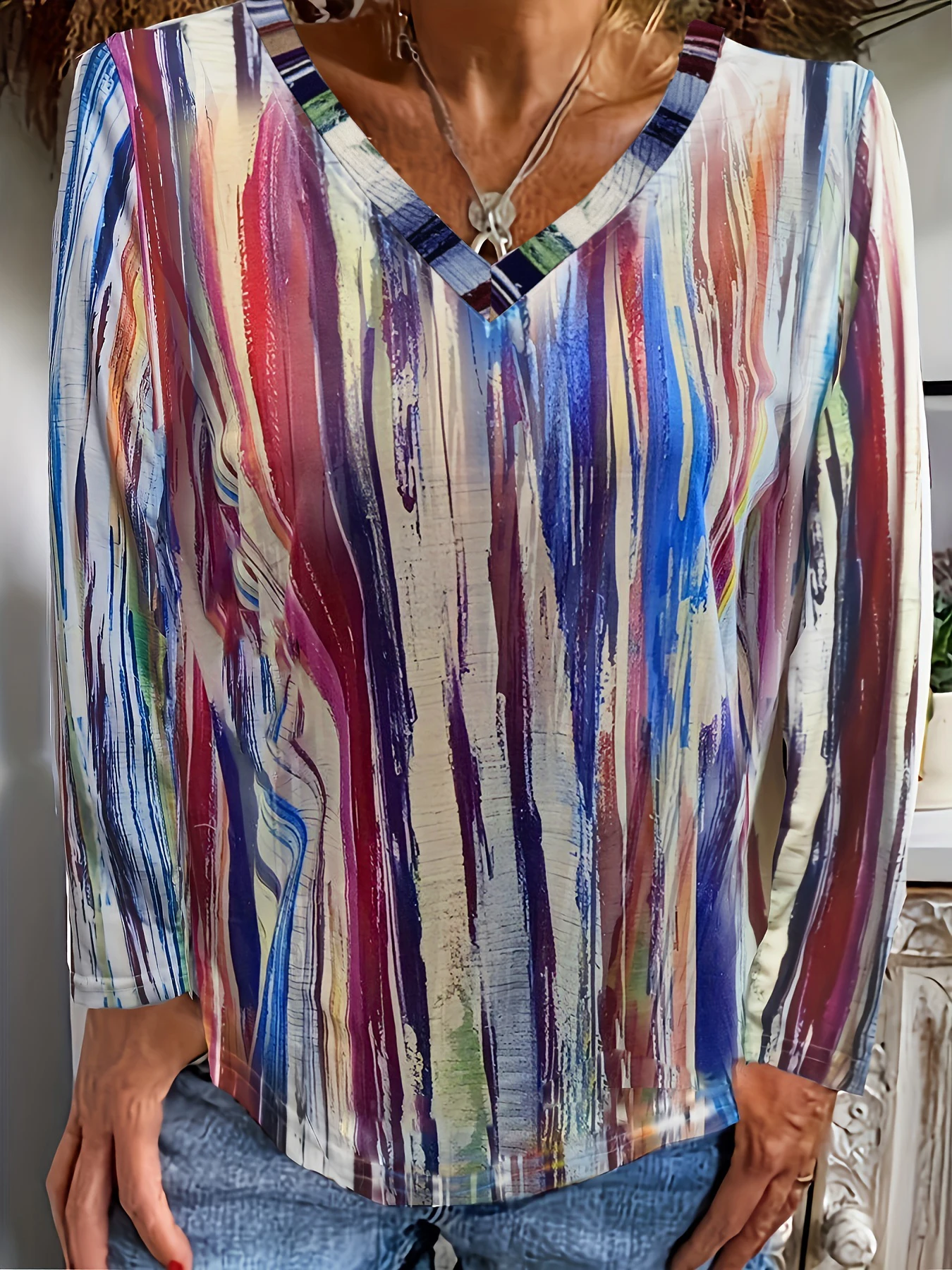 Colorful Stripe Print T-shirt Casual V Neck Long Sleeve T-shirt Women's Clothing
Colorful Stripe Print T-shirt Casual V Neck Long Sleeve T-shirt Women's Clothing