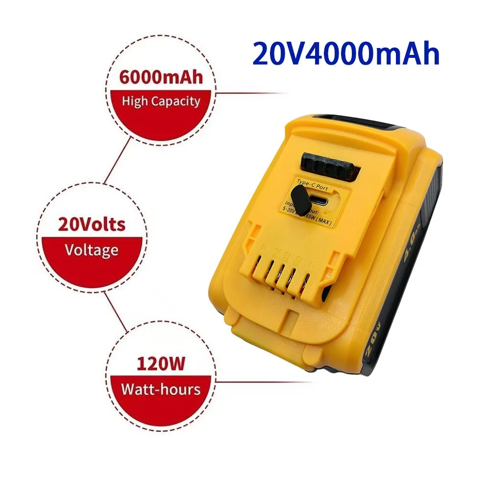 20V 4.0Ah 4000mAh-Type-C,For DEWALT Power Tool Li-ion Battery , Replacement DCB200 DCB202 DCB203 DCB204 DCB205 DCB206 
20V 4.0Ah 4000mAh-Type-C,For DEWALT Power Tool Li-ion Battery , Replacement DCB200 DCB202 DCB203 DCB204 DCB205 DCB206