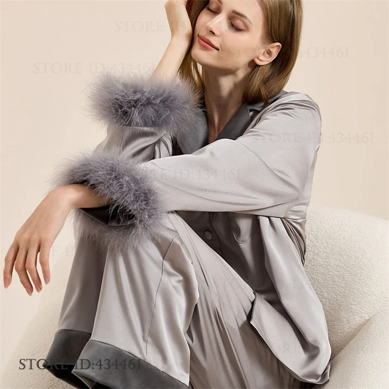 Elegant Velvet Satin 2PCS Pajamas Set Women's Sleepwear Autumn Winter New Pijamas Suit Luxury Feather Home Clothes Lounge Wear
Elegant Velvet Satin 2PCS Pajamas Set Women's Sleepwear Autumn Winter New Pijamas Suit Luxury Feather Home Clothes Lounge Wear
